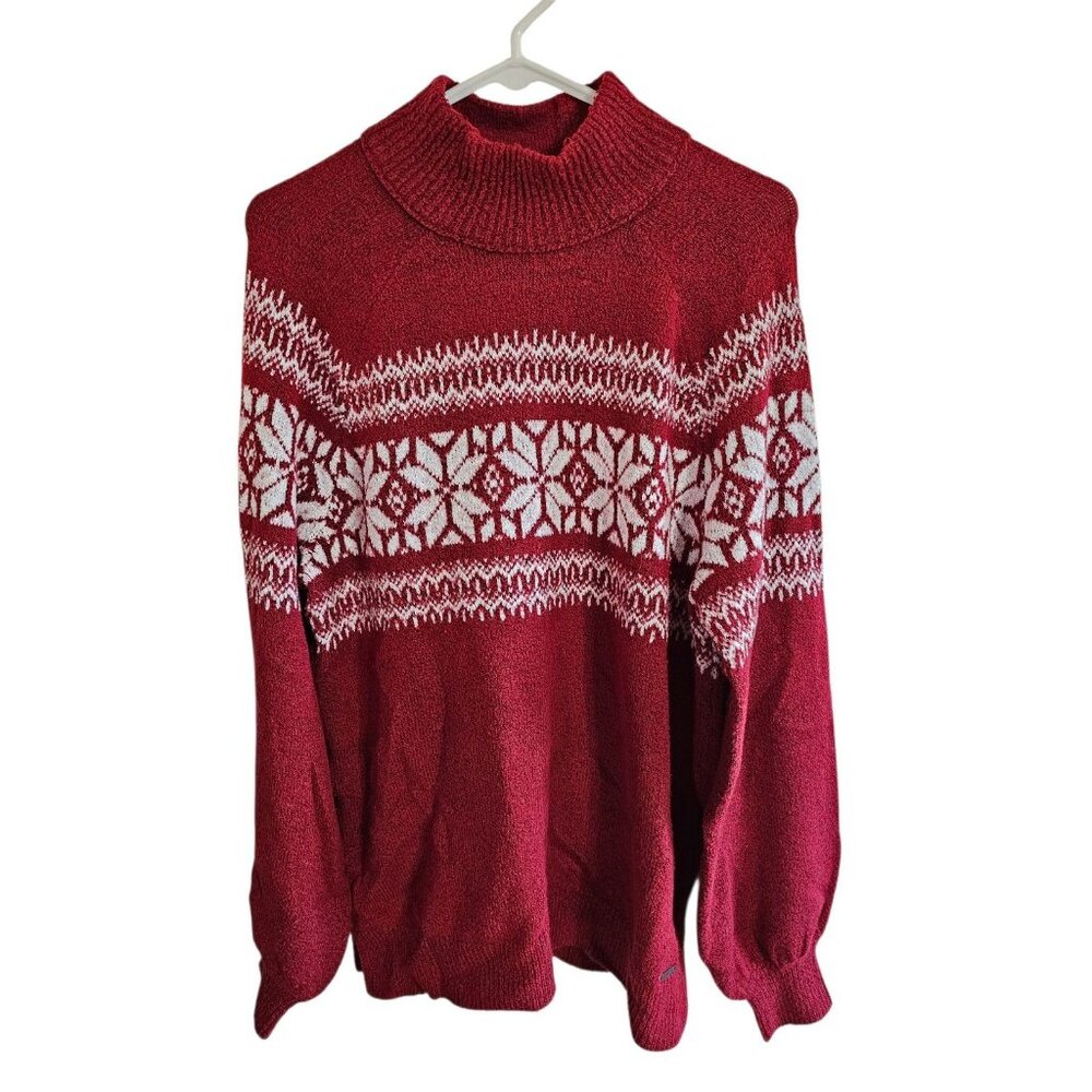 Abercrombie & Fitch Women’s Large Red Fair Isle Mock Neck Knit Sweater Preppy - Picture 2 of 7
